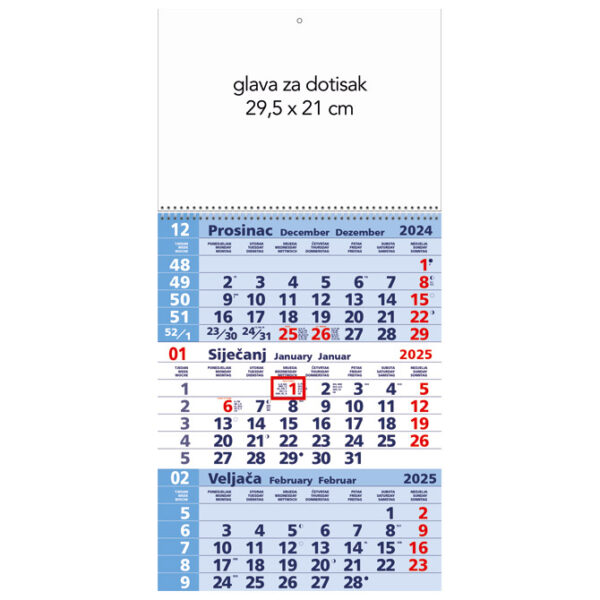 Kalendar zidni trodijelni 2025. sa spiralom PLAVI