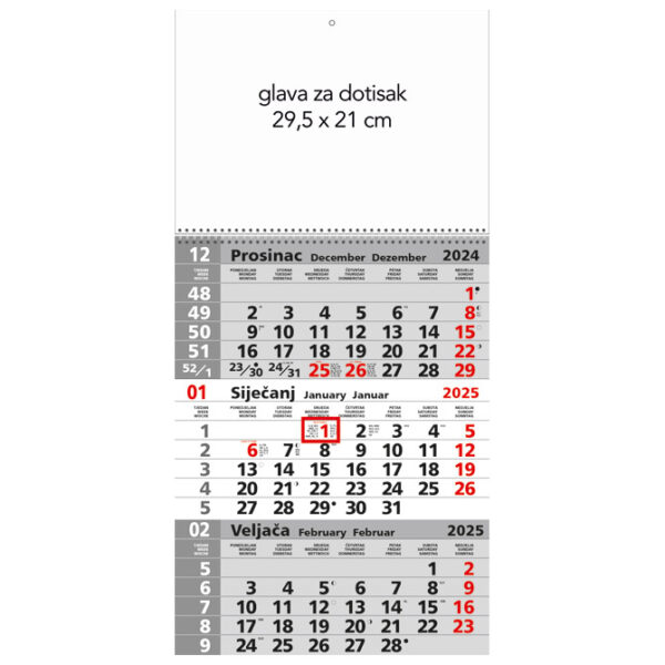 Kalendar zidni trodijelni 2025. sa spiralom SIVI